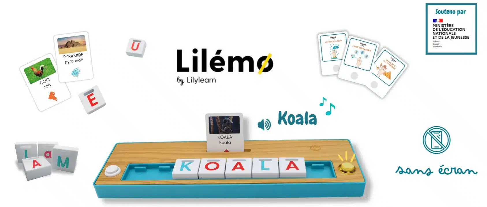 Image d'un jeu éducatif Lilémø de Lilylearn, présentant des lettres et des cartes illustrées, dont celle du koala, pour aider à l'apprentissage des mots sans écran.