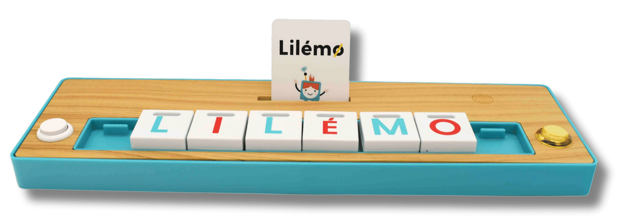 Jeu éducatif Lilémo avec des lettres en plastique sur une base en bois, conçu pour aider les enfants à apprendre à former des mots.
