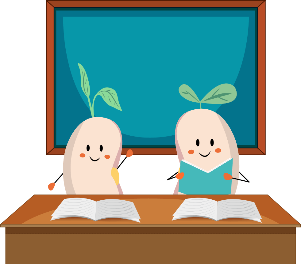 Deux radis souriants assis à un bureau, lisant des livres ouverts, avec un tableau bleu en arrière-plan. Illustration colorée et amusante pour un environnement éducatif.